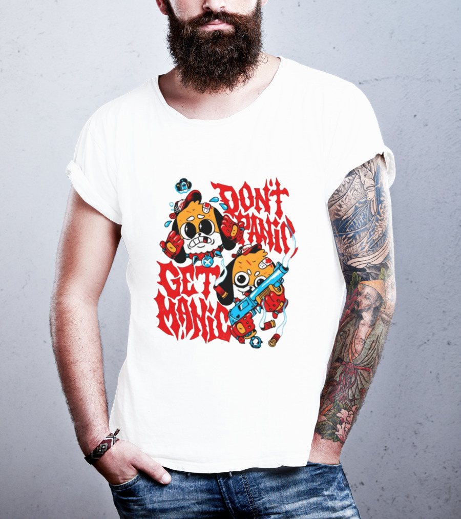 Don't Panic Get Manic Cartoon Characters With Colorful Styling And Playful T-Shirt