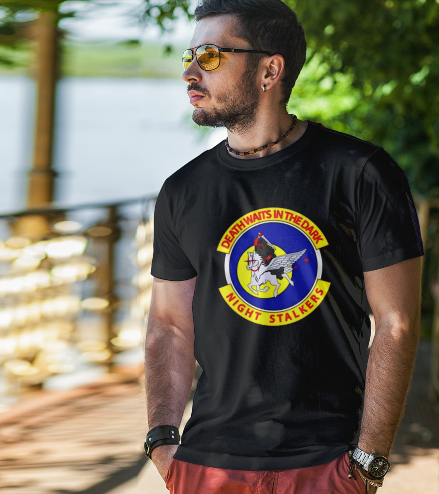 Death Waits In The Dark Night Stalkers Pegasus Emblem T-Shirt