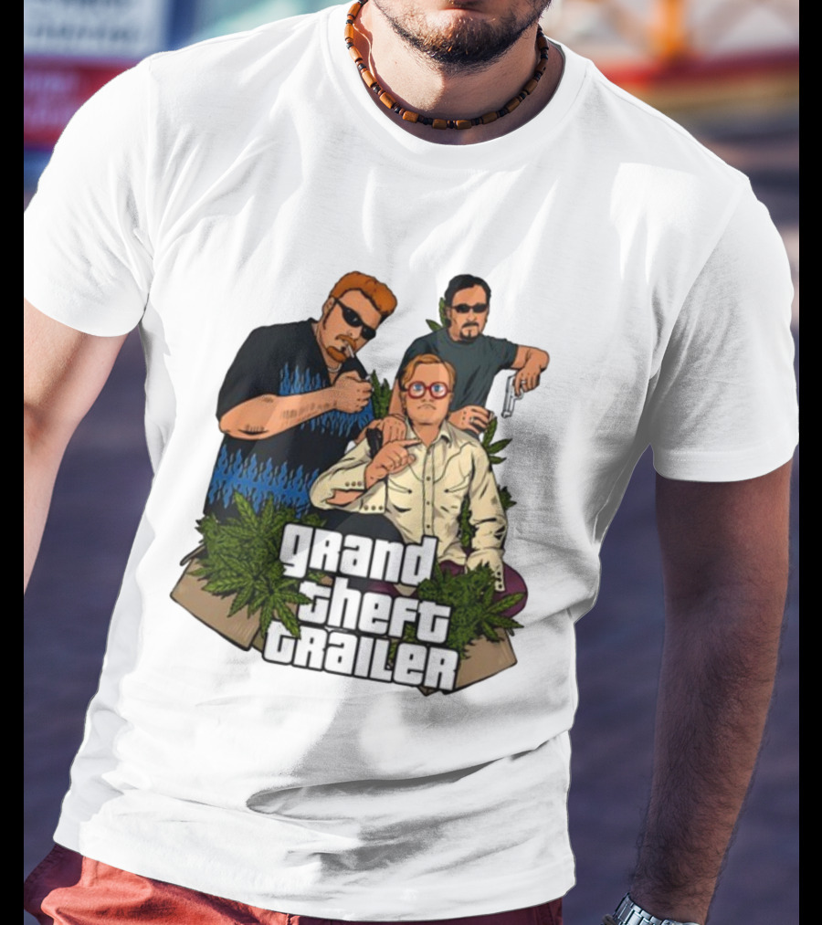 Grand Theft Trailer Cannabis Comedy Trio With Sunglasses And Pistol T-Shirt