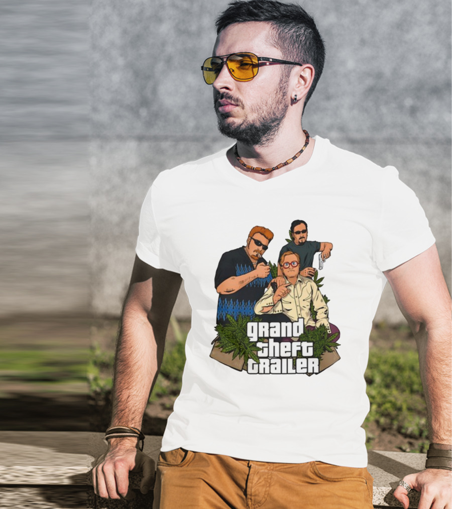 Grand Theft Trailer Cannabis Comedy Trio With Sunglasses And Pistol T-Shirt