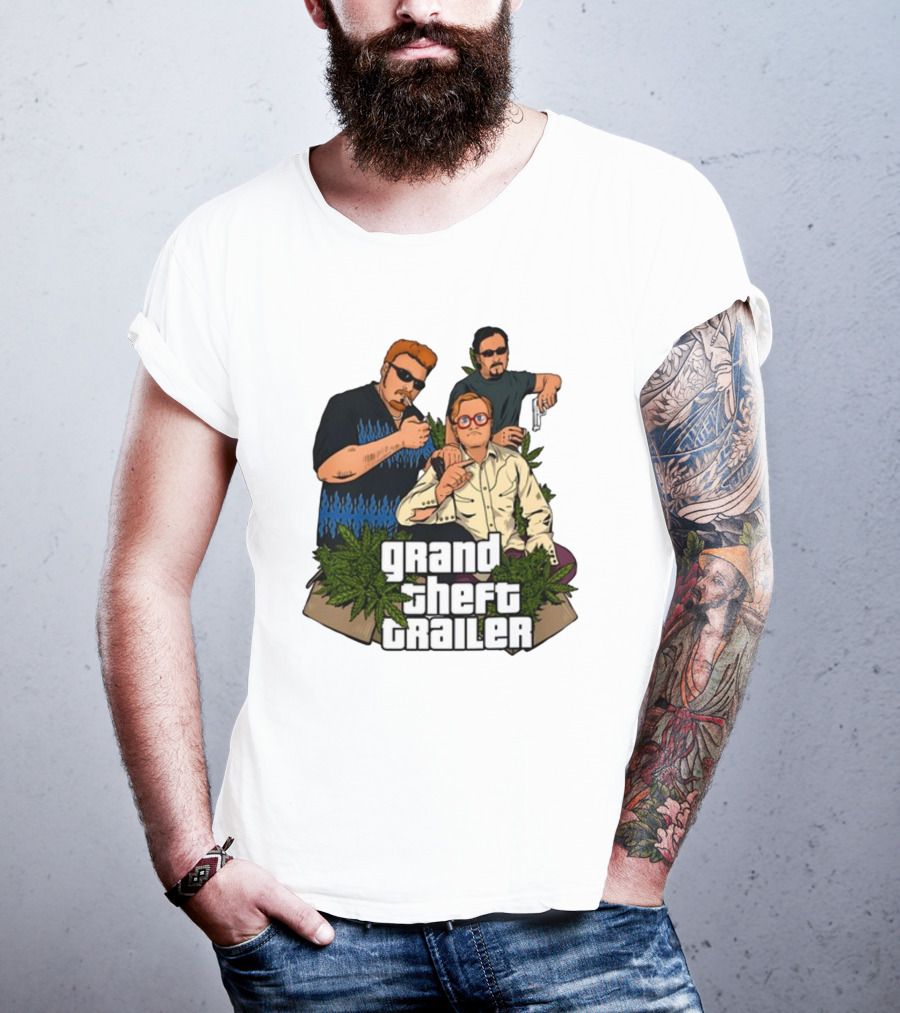 Grand Theft Trailer Cannabis Comedy Trio With Sunglasses And Pistol T-Shirt