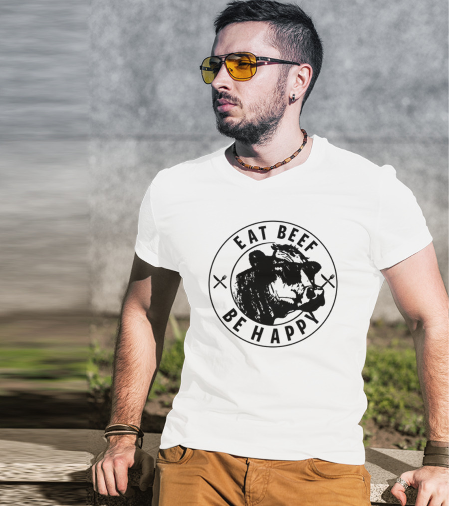 Dr Shawn Baker Eat Beef Be Happy Cow Illustration With Crossed Utensils T-Shirt