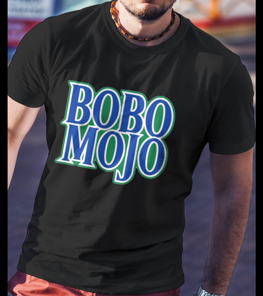 BOBO MOJO Retro Bold Blue And Green Text T-Shirt