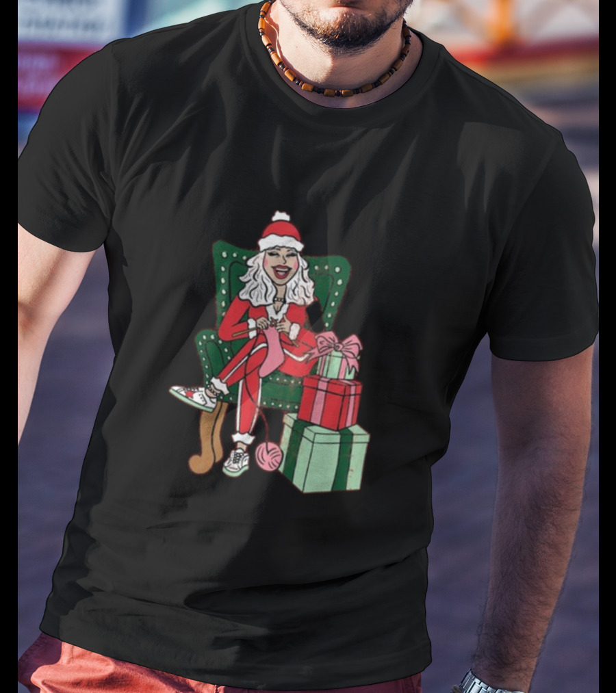 Fleece Navidad Merry Christmas Santa Woman Knitting Presents T-Shirt