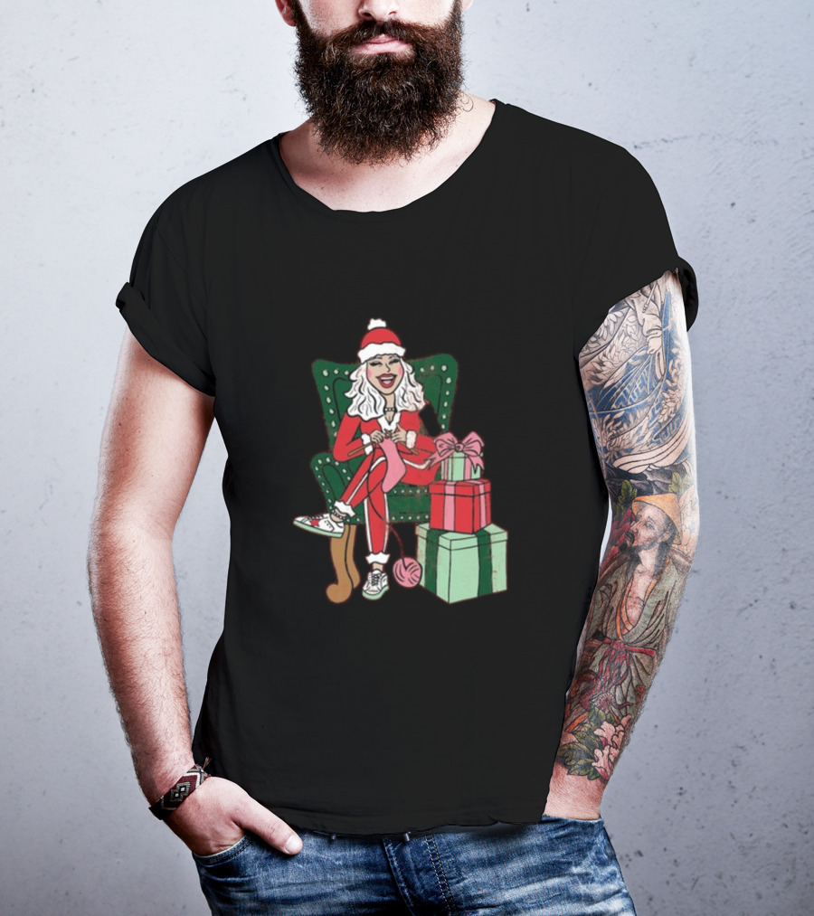 Fleece Navidad Merry Christmas Santa Woman Knitting Presents T-Shirt