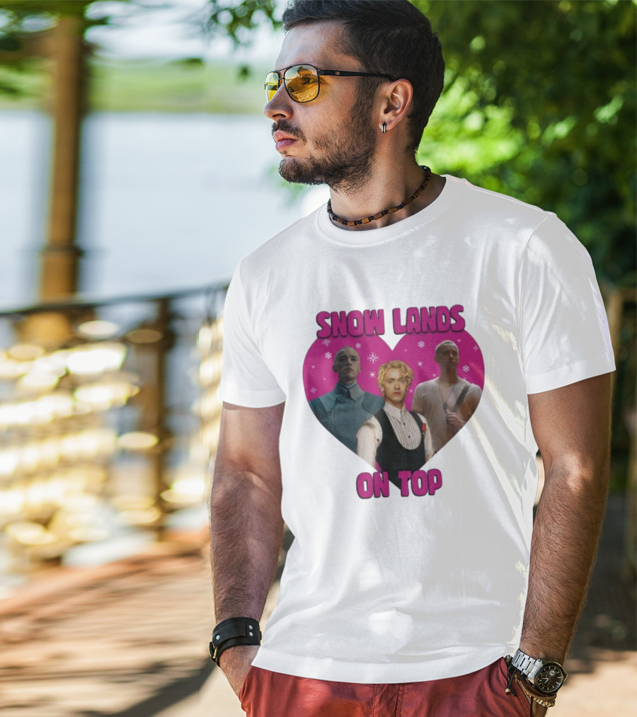 Snow Lands On Top Heart Pink Background Snowflakes T-Shirt