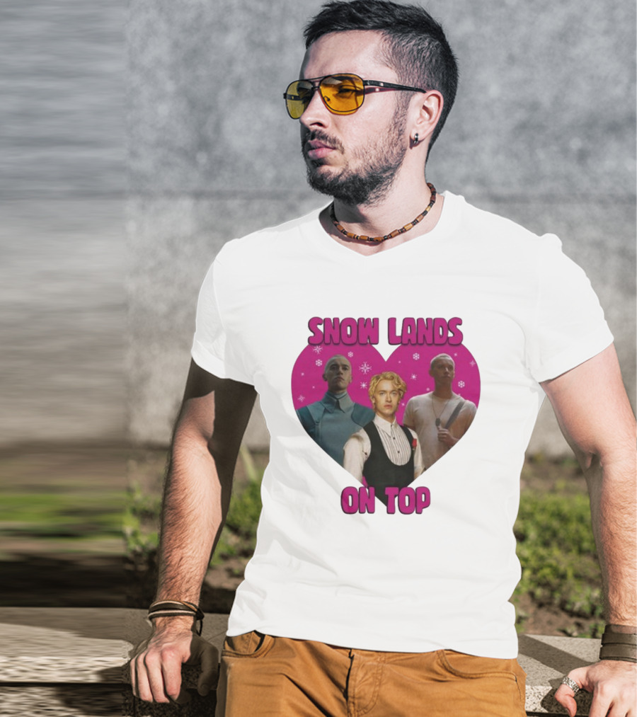 Snow Lands On Top Heart Pink Background Snowflakes T-Shirt