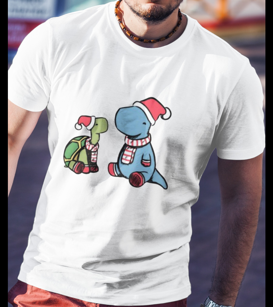 Christmas Tortoise And Dino Santa Hats And Scarves T-Shirt