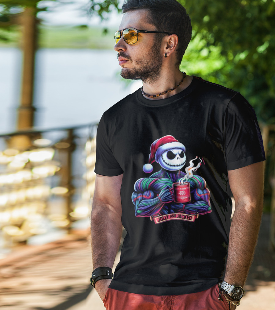 Jolly And Jacked Beyond Average Training Apparel Santa Skeleton Muscle Mug T-Shirt