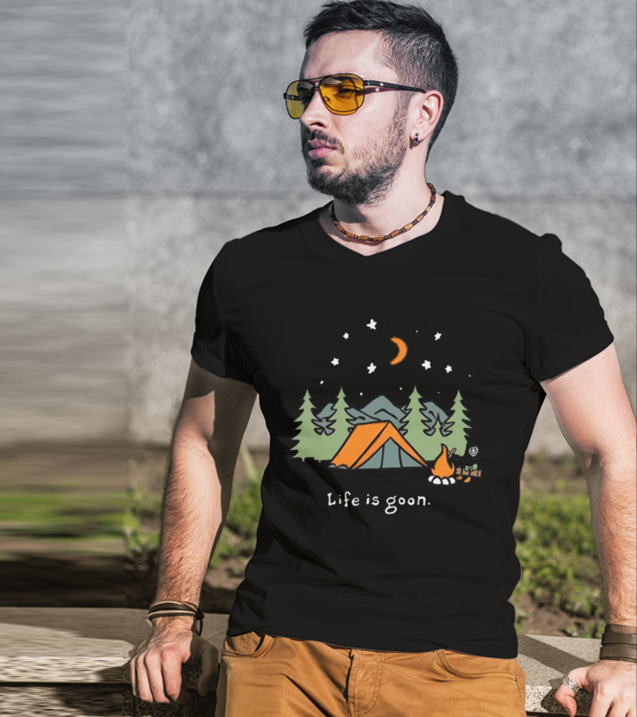 Life Is Goon Camping Adventure With Tent And Campfire Under Stars T-Shirt