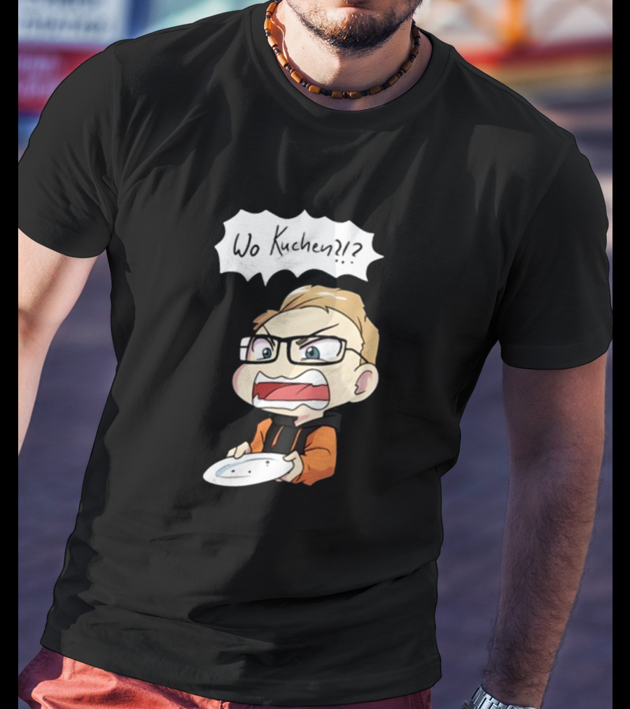 Wo Kuchen?? Comic Character Holding Empty Plate T-Shirt