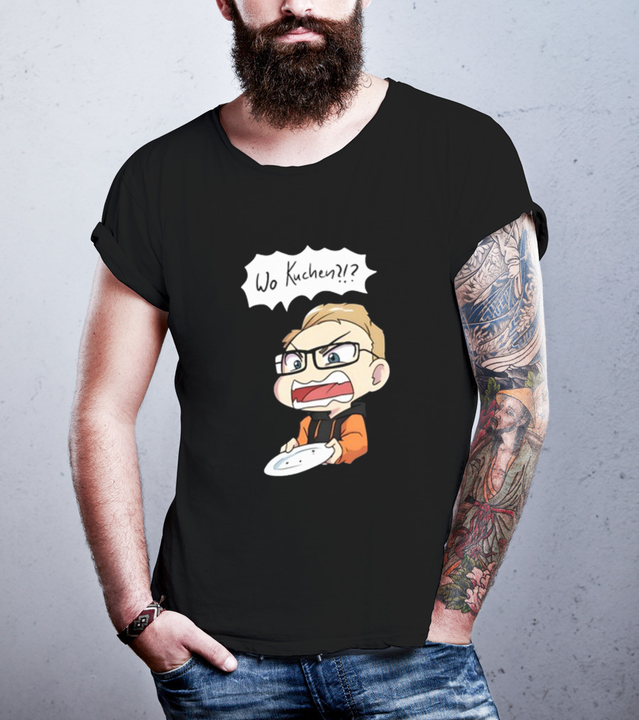 Wo Kuchen?? Comic Character Holding Empty Plate T-Shirt