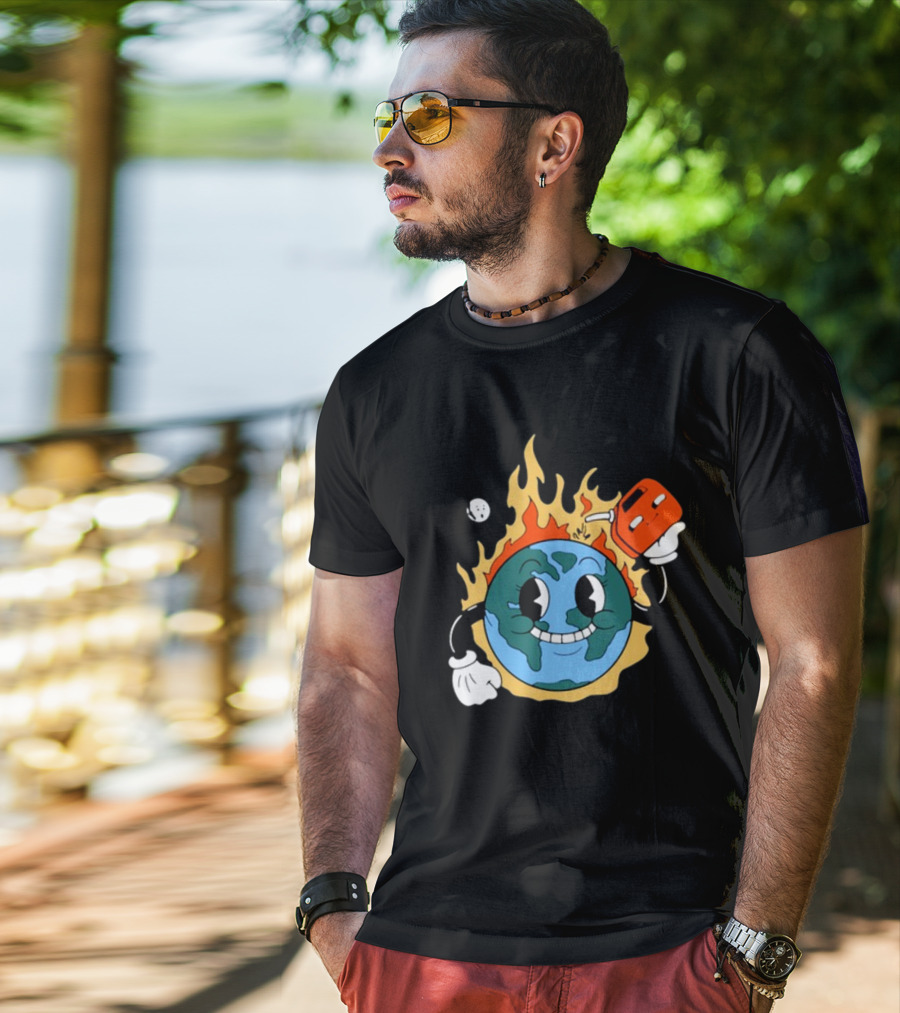 World On Fire Earth Cartoon Holding Gas Can Burning T-Shirt