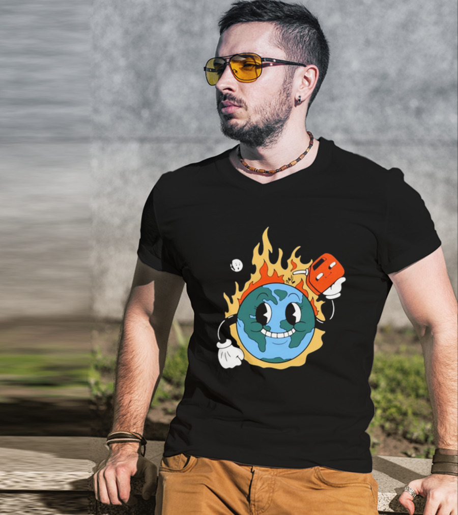 World On Fire Earth Cartoon Holding Gas Can Burning T-Shirt