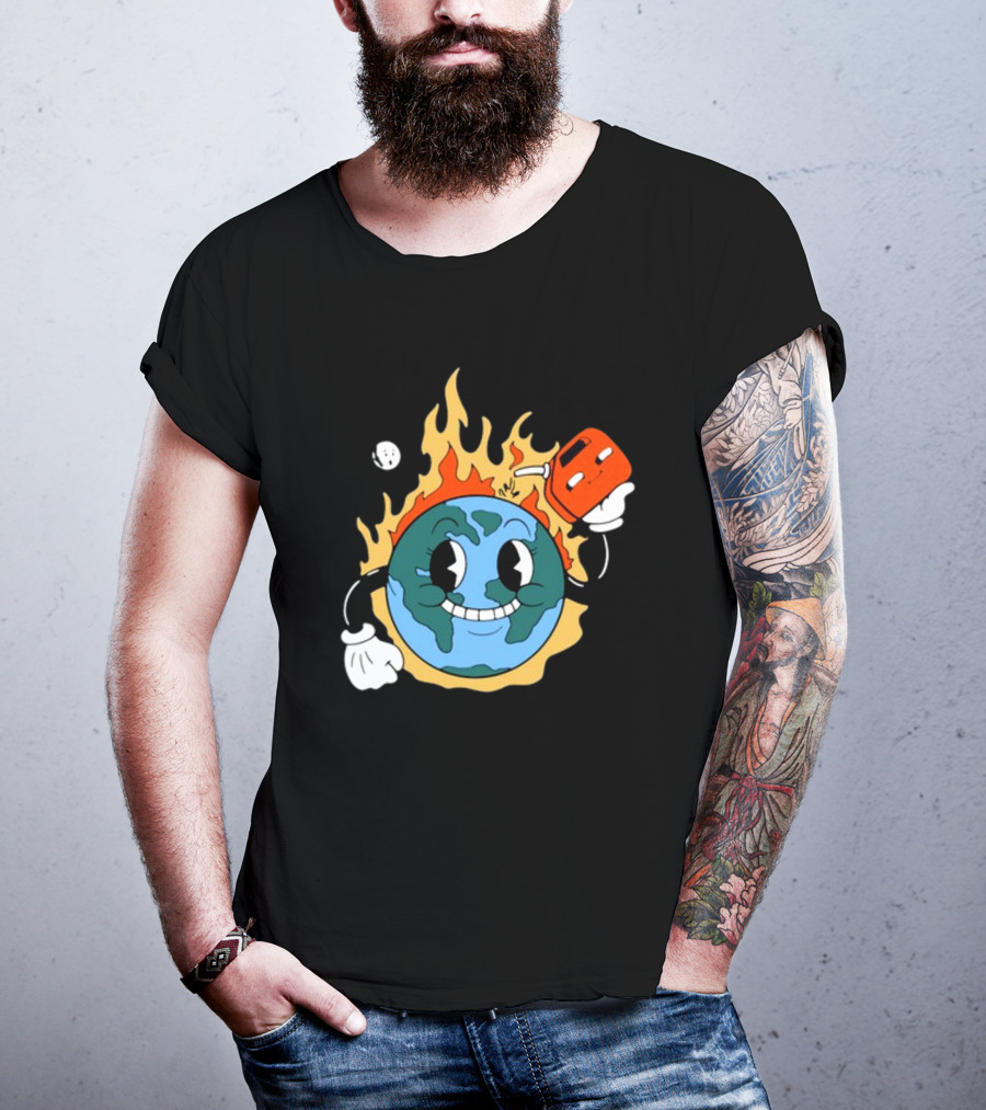 World On Fire Earth Cartoon Holding Gas Can Burning T-Shirt