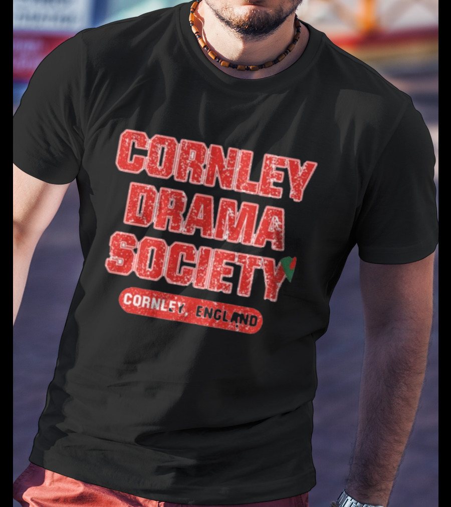 Cornley Drama Society England Red Distressed Text With Holly Leaf T-Shirt