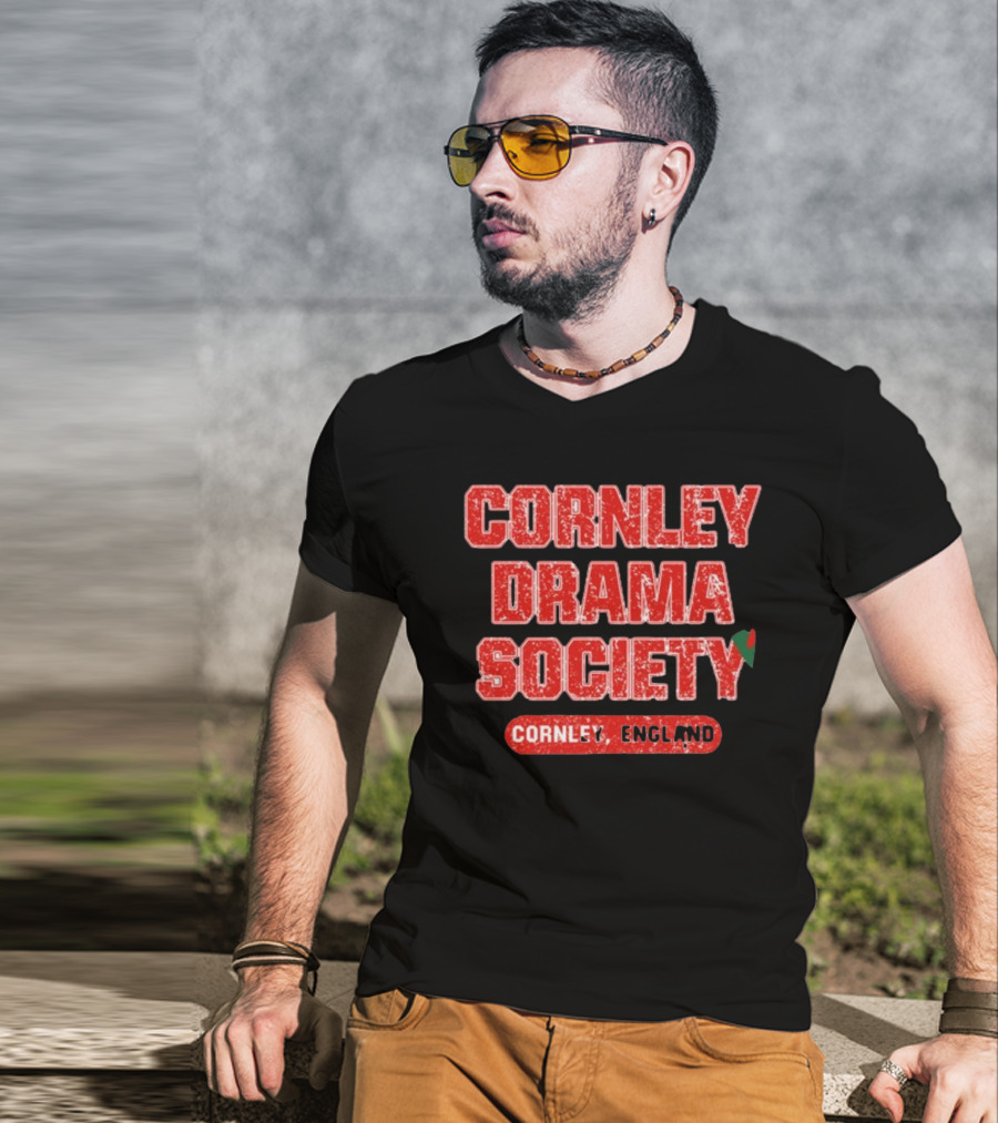 Cornley Drama Society England Red Distressed Text With Holly Leaf T-Shirt