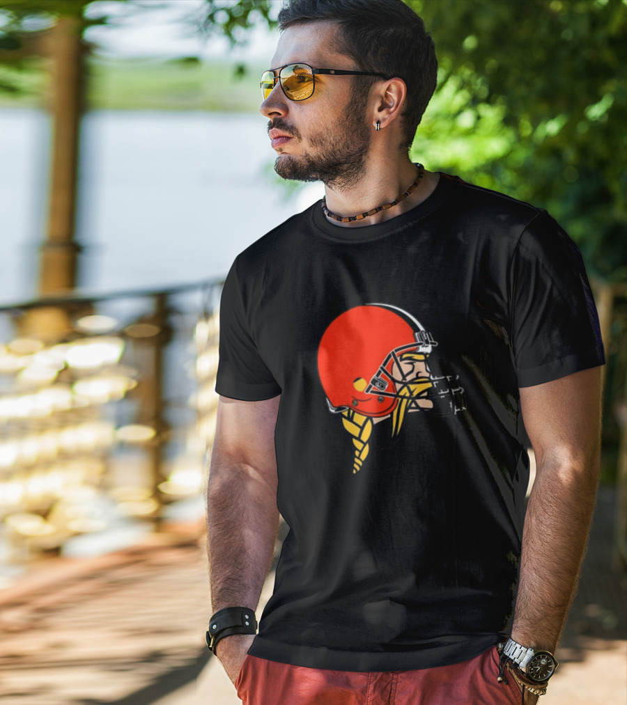 Vikings Helmet Featuring Browns Colors And Iconic Braided Warrior T-Shirt