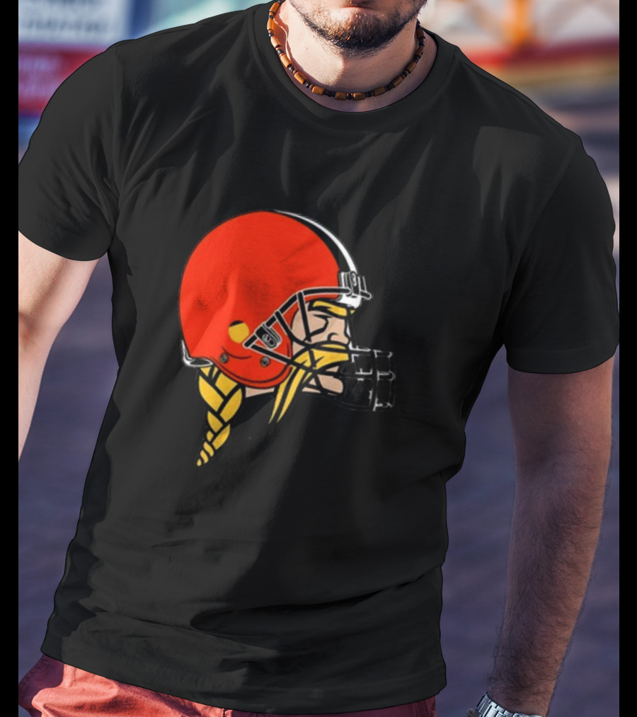 Vikings Helmet Featuring Browns Colors And Iconic Braided Warrior T-Shirt