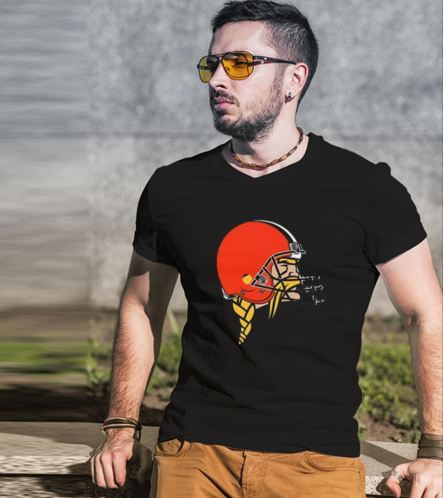 Vikings Helmet Featuring Browns Colors And Iconic Braided Warrior T-Shirt