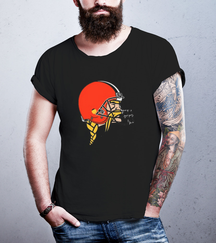 Vikings Helmet Featuring Browns Colors And Iconic Braided Warrior T-Shirt