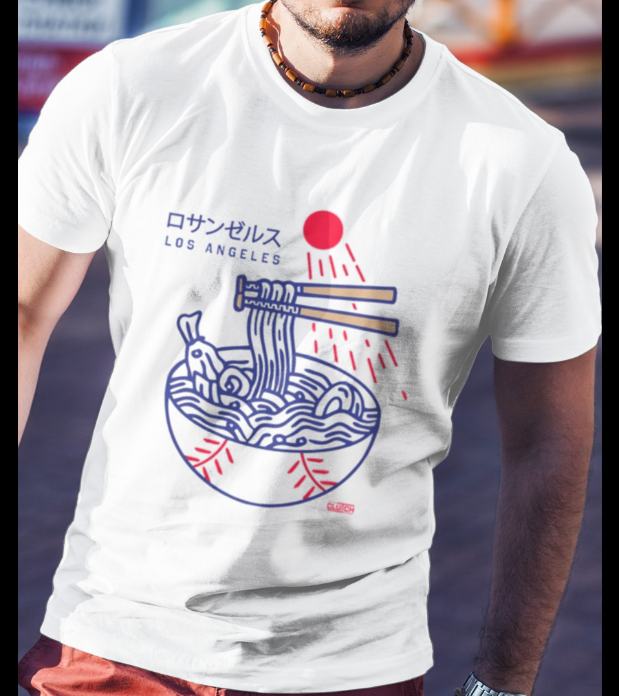 Los Angeles Ramen Bowl With Chopsticks Under Red Sun - Intheclutch Chavez T-Shirt