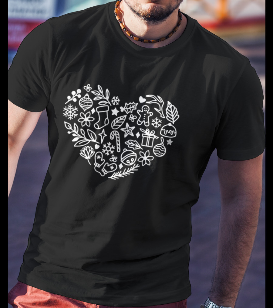 Heart Shaped Christmas Symbols And Motifs Including Stocking, Gingerbread, And Gifts T-Shirt