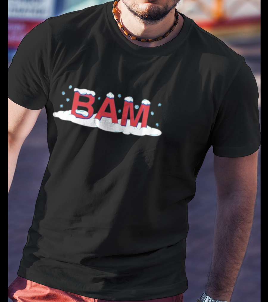 Bam Snow Red Letters With Snowflakes And Clouds T-Shirt