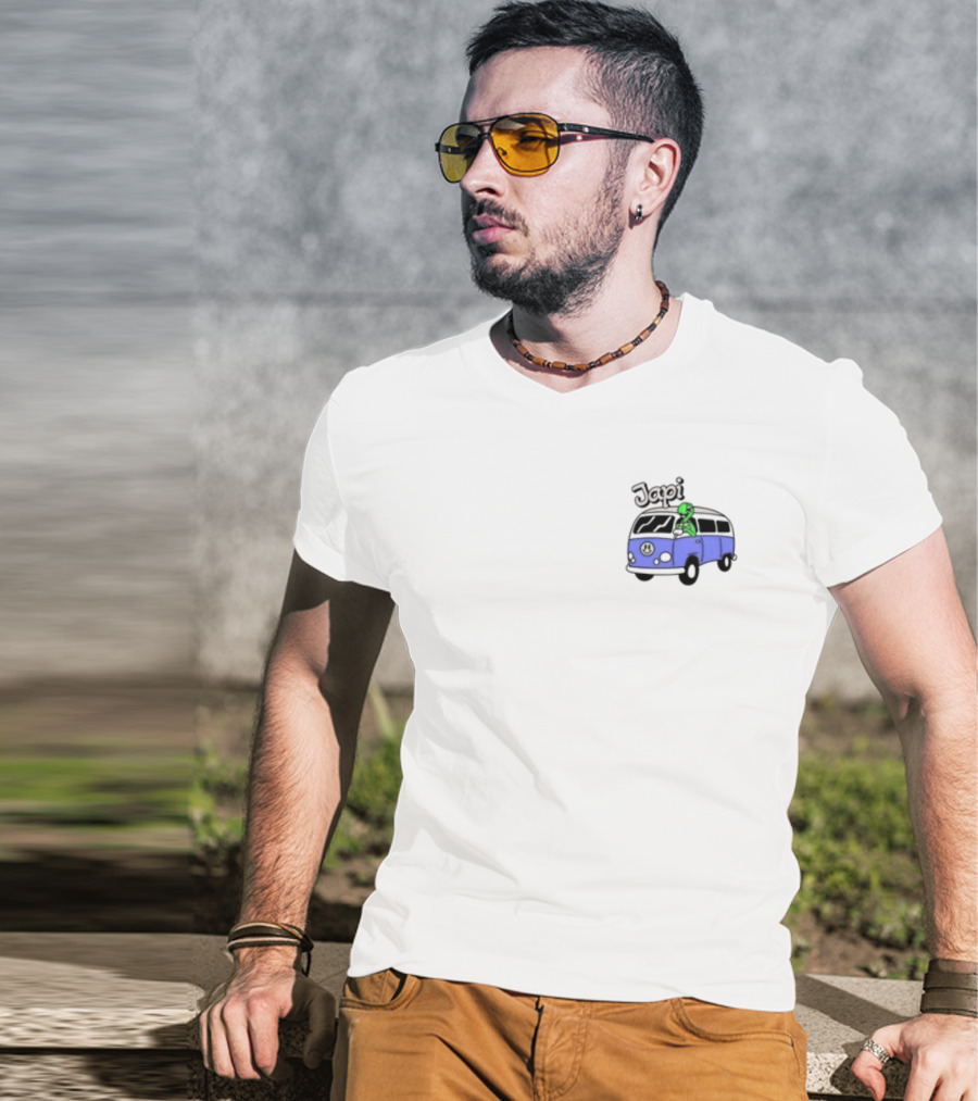 Japi Alien Character Surfer Riding Blue Peace Bus T-Shirt