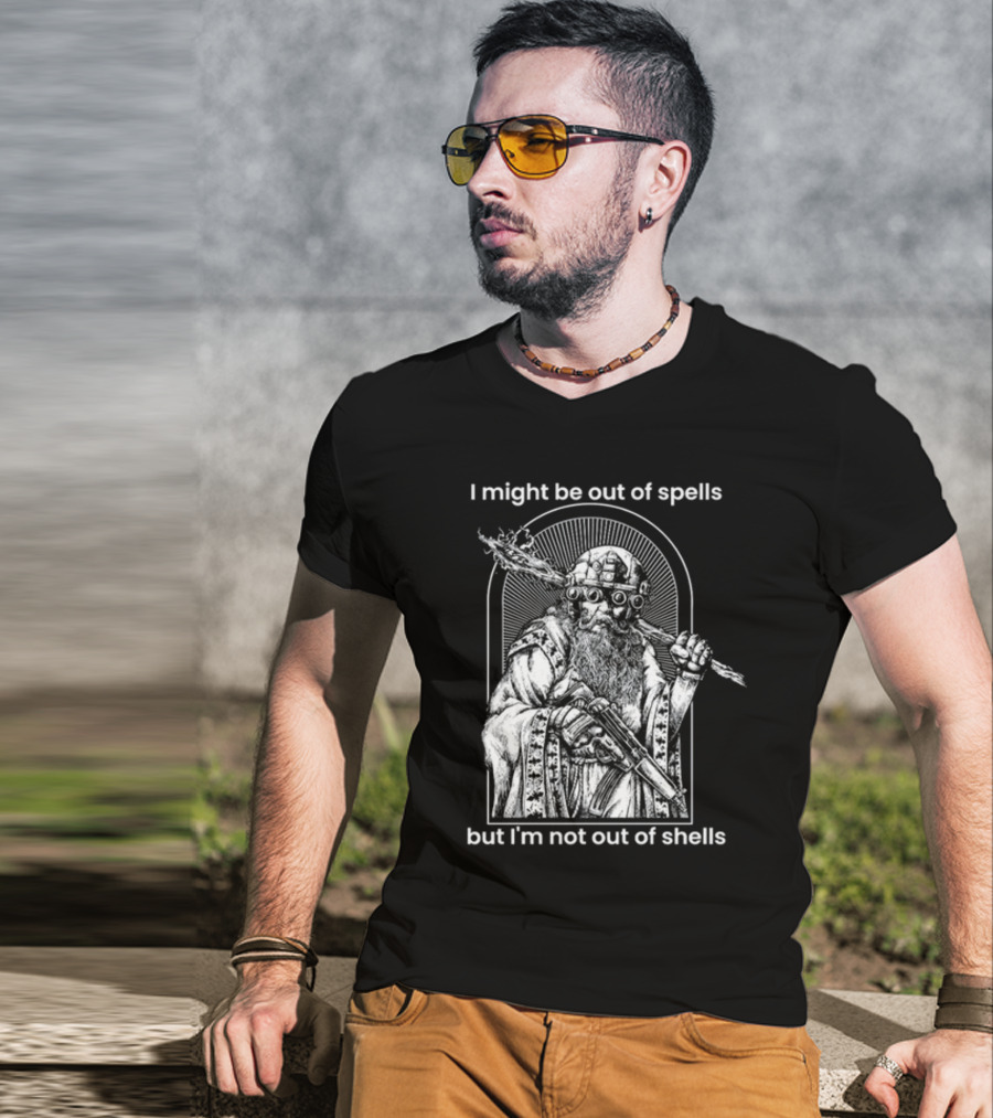 Samwise7rpg I Might Be Out Of Spells But I'm Not Out Of Shells Wizard Holding Shotgun And Staff T-Shirt