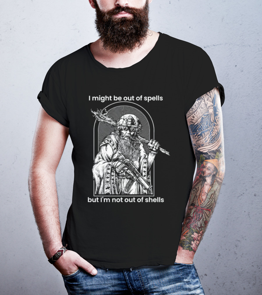 Samwise7rpg I Might Be Out Of Spells But I'm Not Out Of Shells Wizard Holding Shotgun And Staff T-Shirt
