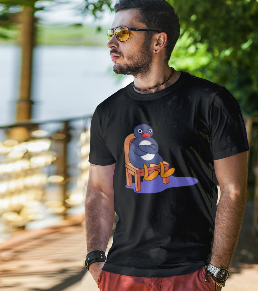 Everything Is Dumb And I Wanna Go Home Grumpy Penguin Sitting On Chair T-Shirt