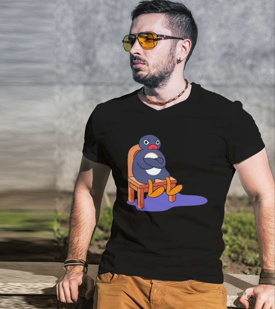 Everything Is Dumb And I Wanna Go Home Grumpy Penguin Sitting On Chair T-Shirt