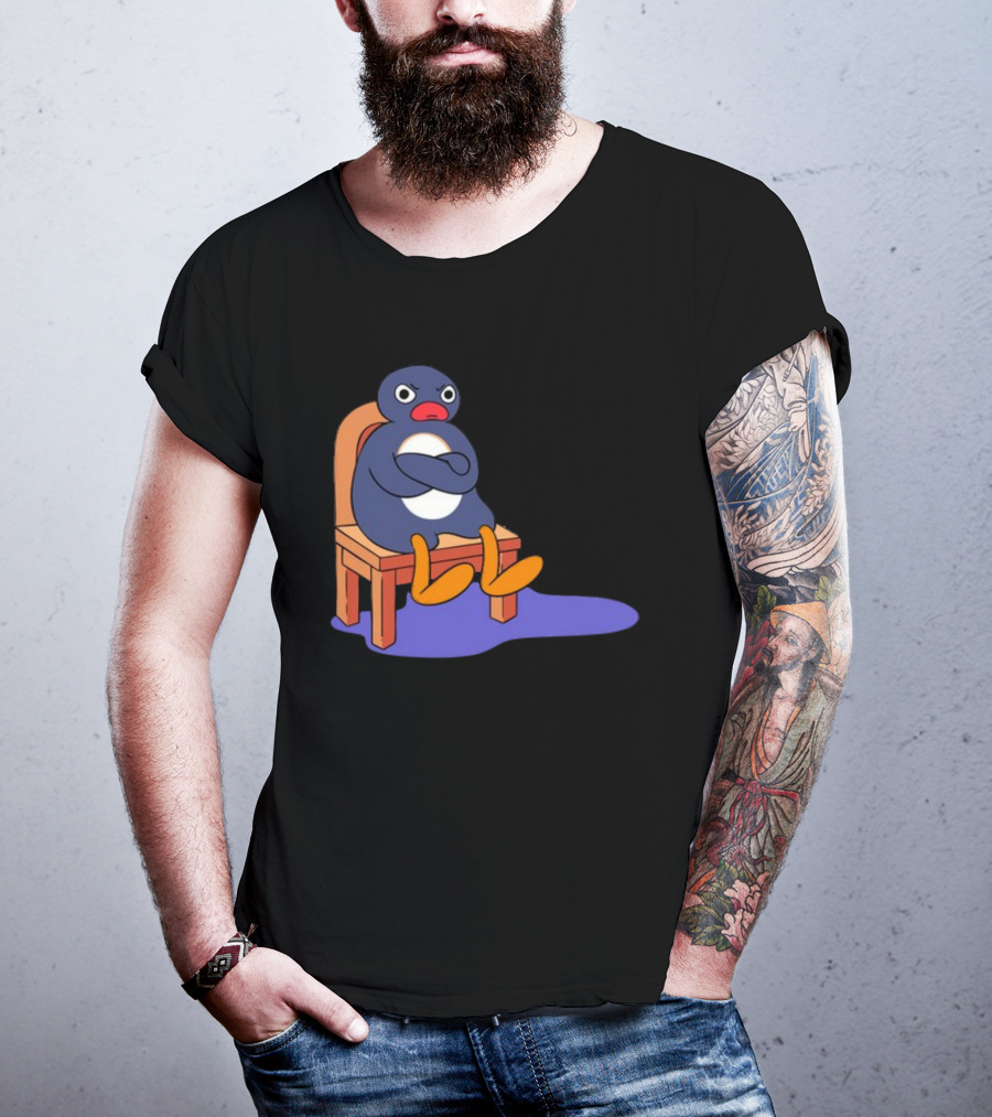 Everything Is Dumb And I Wanna Go Home Grumpy Penguin Sitting On Chair T-Shirt
