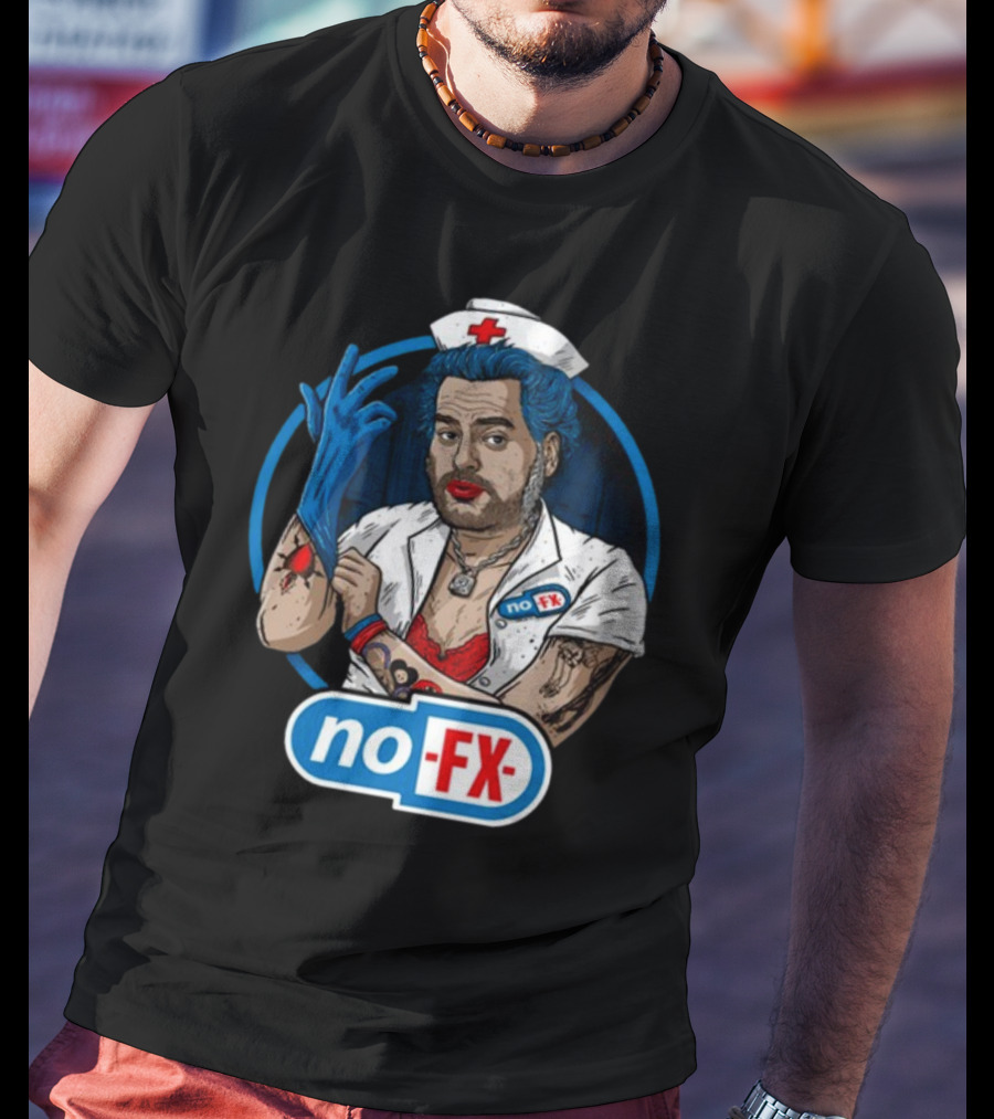 NOFX Blue Haired Nurse Mike Character In Red Lingerie With Tattoos And Blue Glove T-Shirt