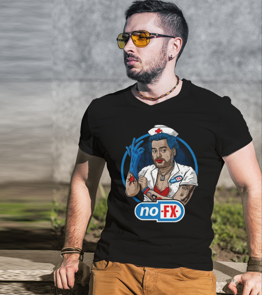 NOFX Blue Haired Nurse Mike Character In Red Lingerie With Tattoos And Blue Glove T-Shirt