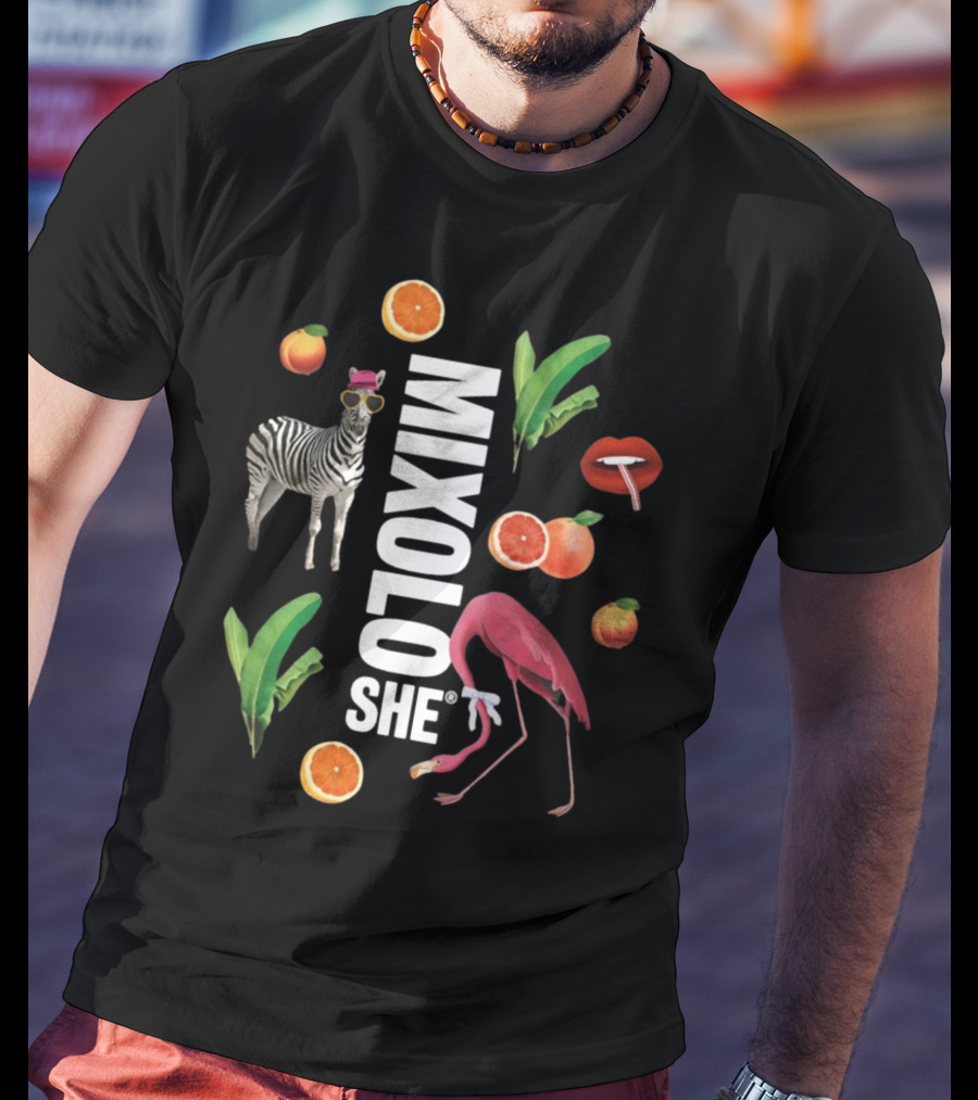 Mixoloshe Zebra Flamingo Lips With Fruits And Leaves T-Shirt