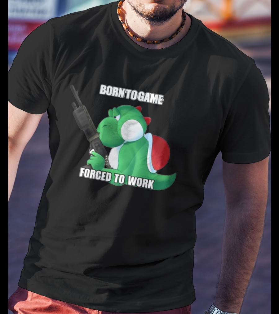 Born To Game Forced To Work Green Dinosaur Headphones Gaming Character T-Shirt