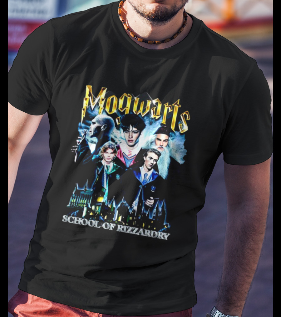 Mogwarts School Of Rizzardry Hogwarts Parody Featuring Iconic Wizard Figures And Castle T-Shirt