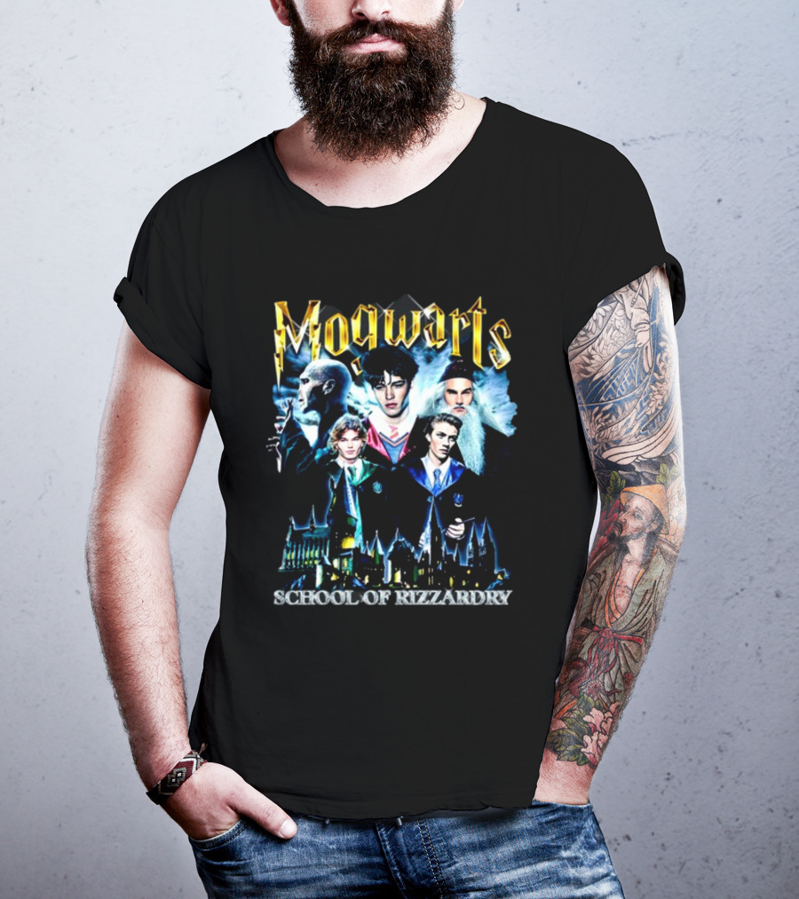 Mogwarts School Of Rizzardry Hogwarts Parody Featuring Iconic Wizard Figures And Castle T-Shirt