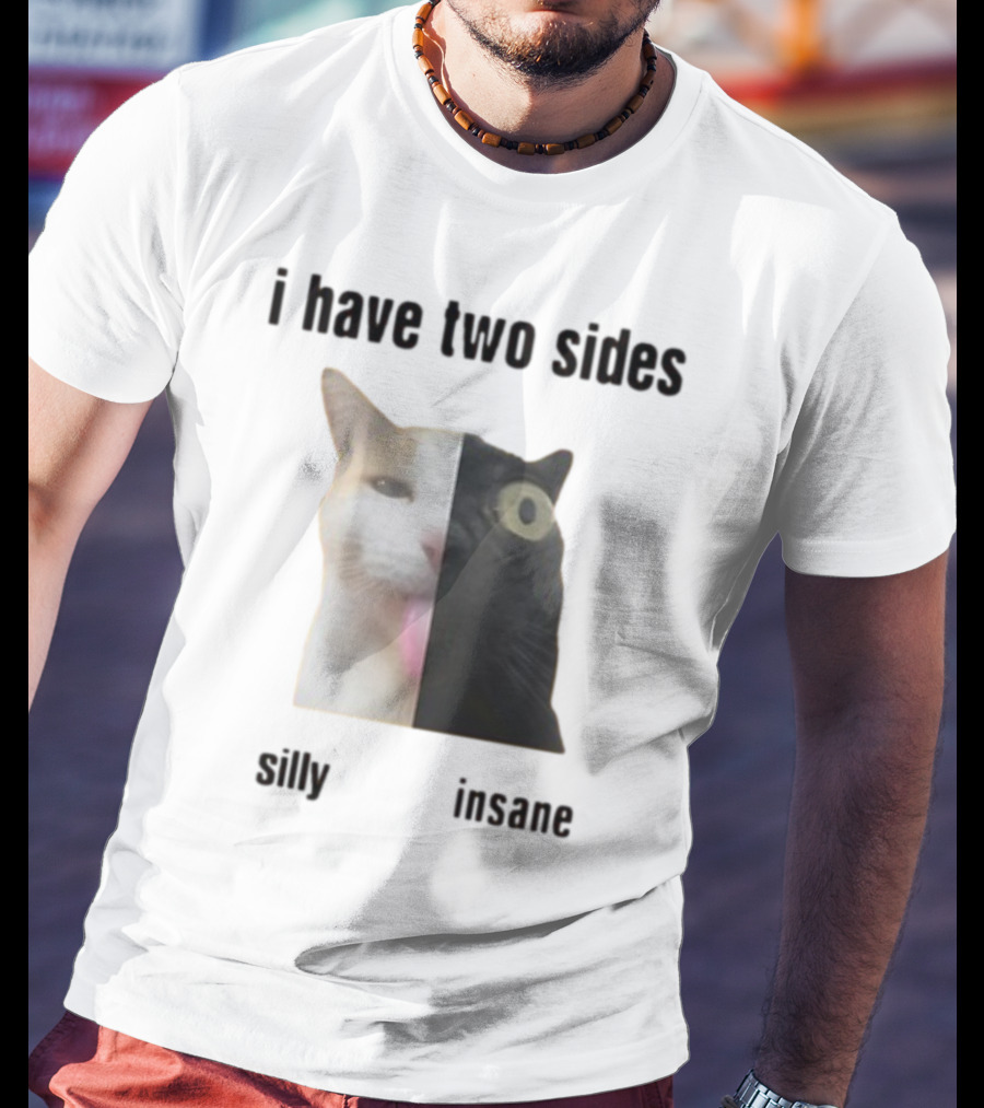 I Have Two Sides Silly Insane Cat Face Split T-Shirt