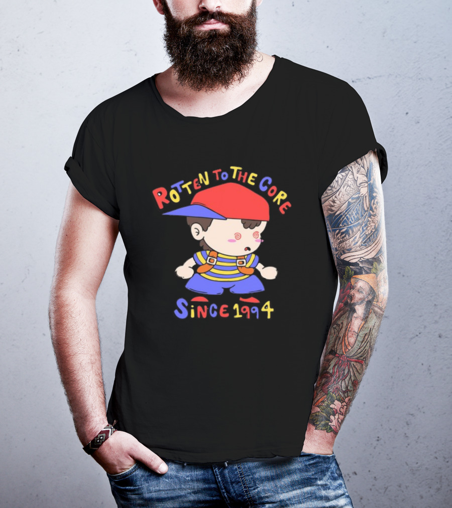 Rotten To The Core Since 1994 Cartoon Character With Red Cap And Striped T-Shirt