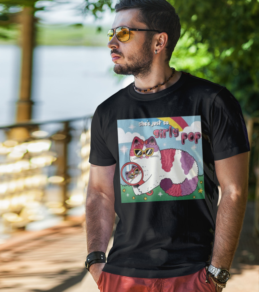 She's Just So Girly Pop Cat With Sunglasses And Mirror Under Rainbow T-Shirt