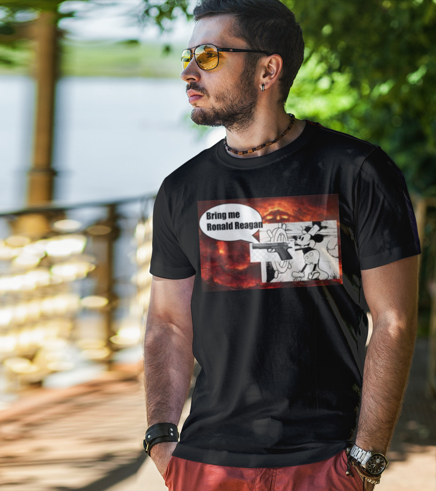 Bring Me Ronald Reagan Cartoon Character And Gun Over Fiery Background T-Shirt