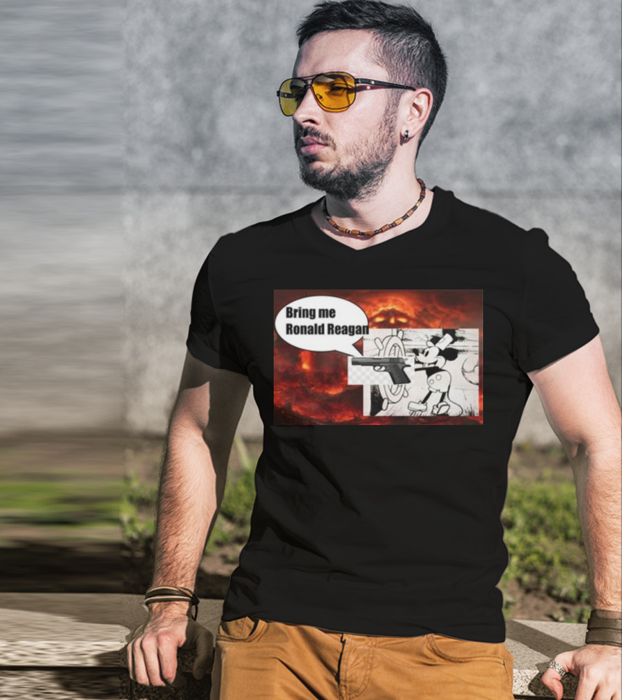 Bring Me Ronald Reagan Cartoon Character And Gun Over Fiery Background T-Shirt