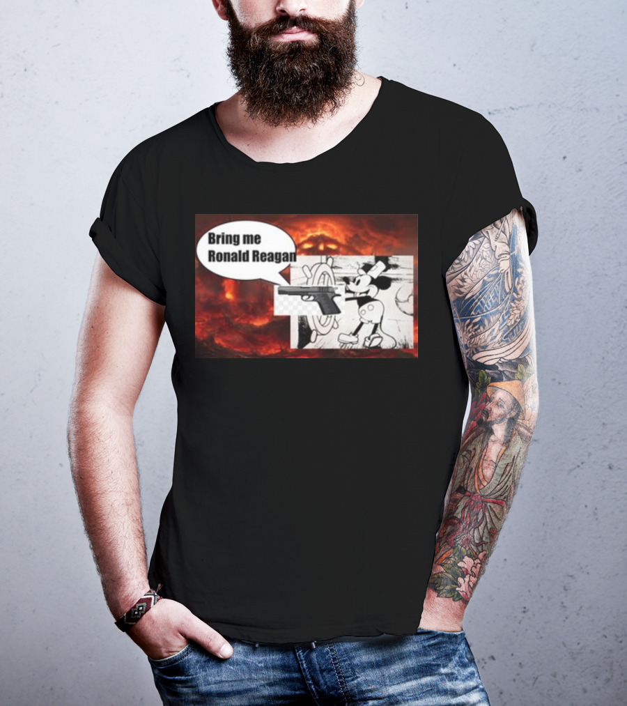 Bring Me Ronald Reagan Cartoon Character And Gun Over Fiery Background T-Shirt