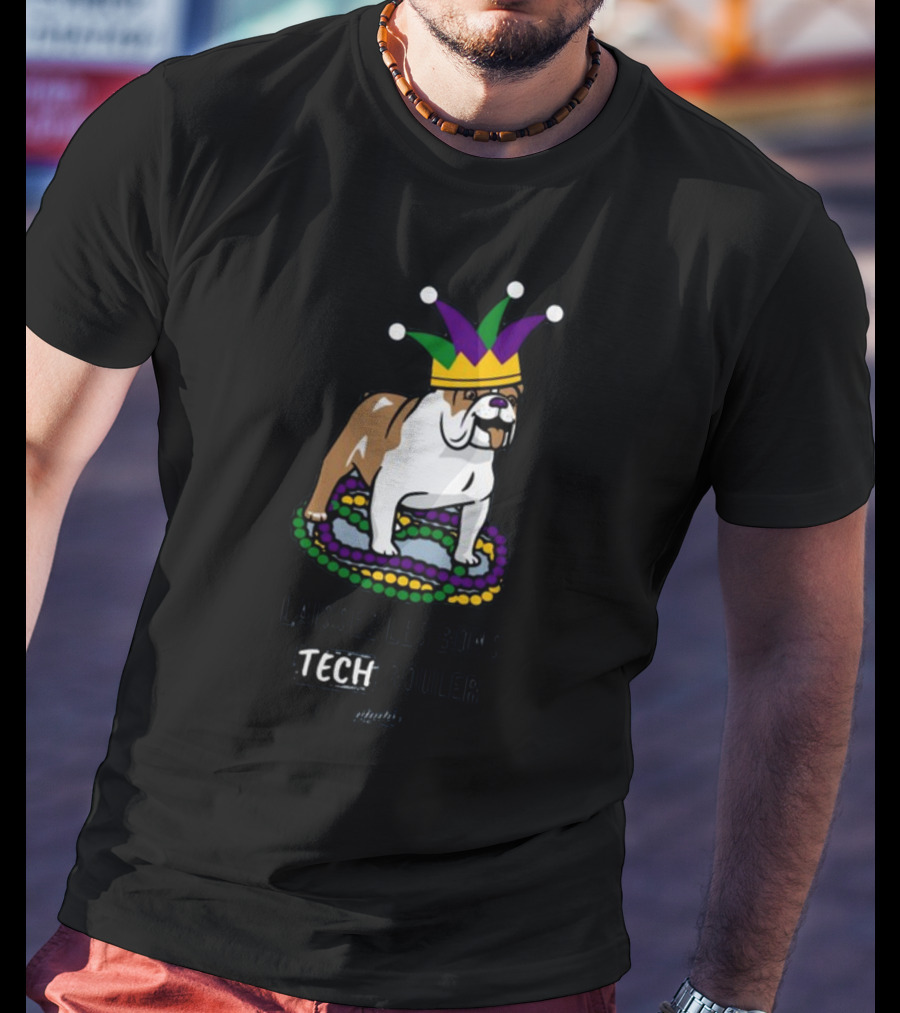Laissez Les Bons Tech Rouler Bulldog With Mardi Gras Beads And Jester Hat Glitch T-Shirt