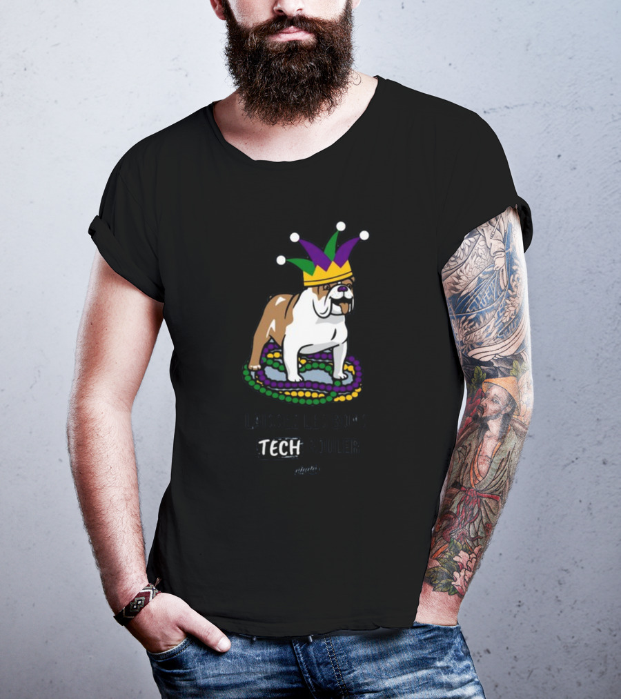 Laissez Les Bons Tech Rouler Bulldog With Mardi Gras Beads And Jester Hat Glitch T-Shirt