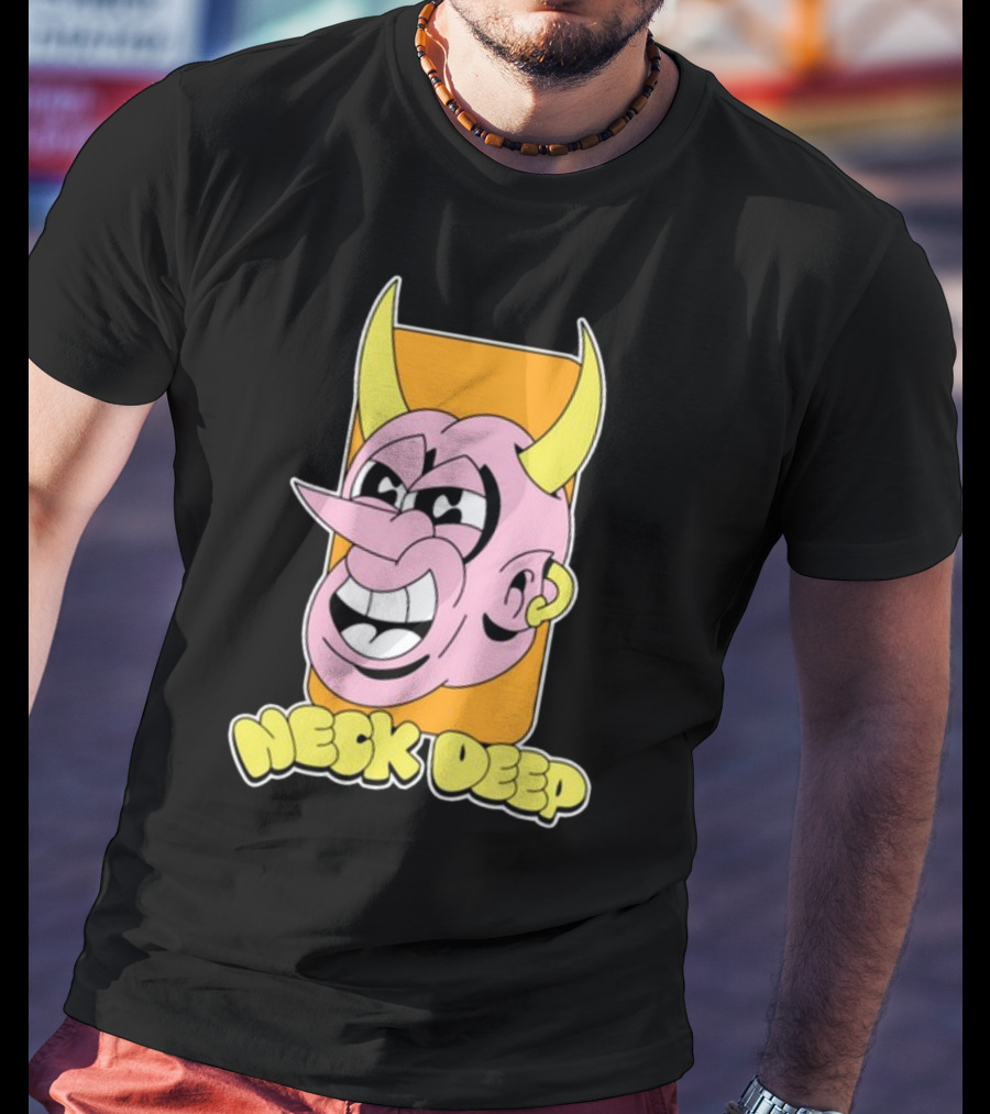 NeckDeepUK Neck Deep Cartoon Devil Face Yellow Horns Pink Head T-Shirt