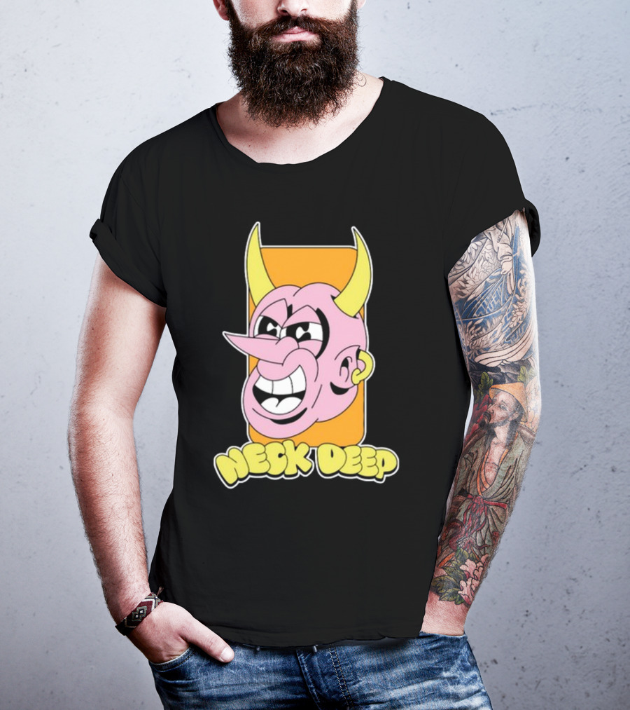 NeckDeepUK Neck Deep Cartoon Devil Face Yellow Horns Pink Head T-Shirt